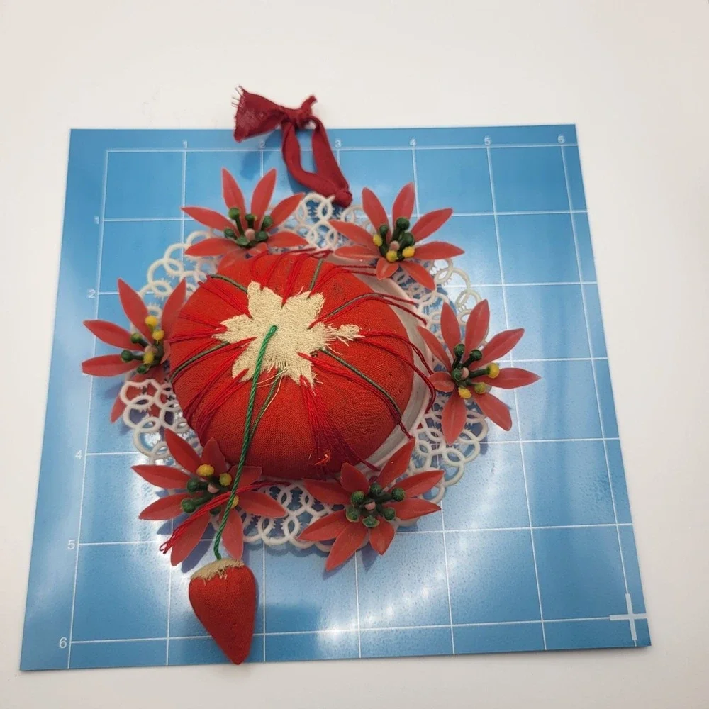 Vintage Florart Pin Cushion Plastic Lace Floral Decoration Made in Hong Kong